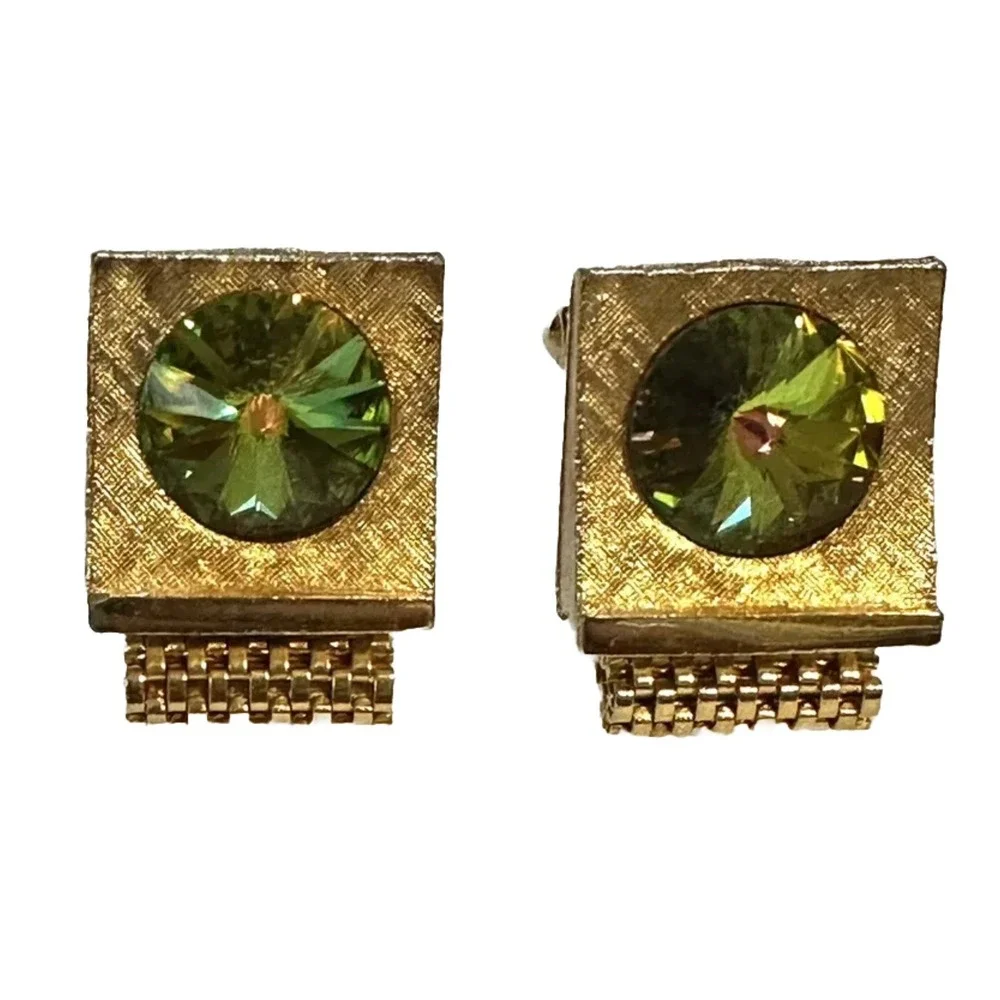 Vintage Watermelon Rivoli Glass Stone Mesh Wrap Around Cuff Links